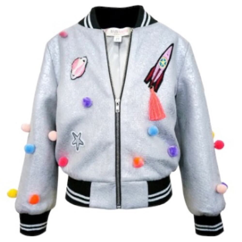 2T Sara Sara Truly Me Silver Metallic Space Rocket Ship Pom Pom Bomber Jacket